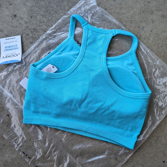 Jockey Essentials Cyan Blue Racerback Seamfree Jersey Ribbed Sports Bra NWT - Picture 6 of 12
